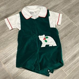 Samara vintage style toddler boy emerald velvet polar bear one piece